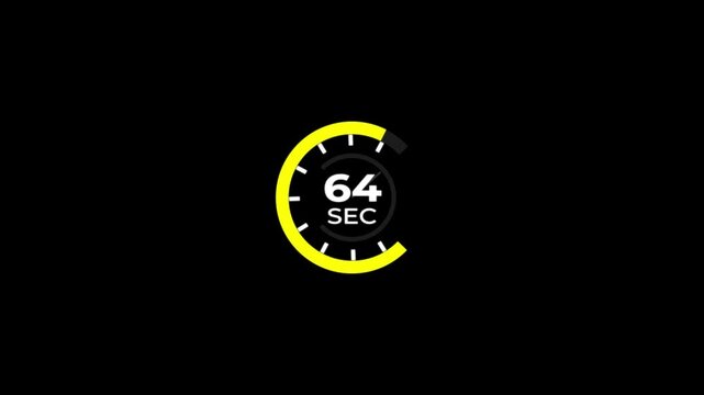64 Min clock icon animation.Analog clock timer 64 sec countdown icon with circle loop animation on black background and alpha channel motion graphic.