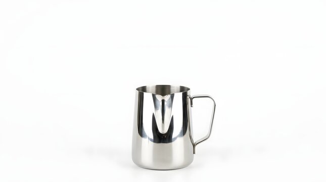 Stainless steel milk pitcher with black handle on white background