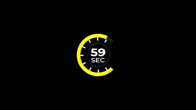 59 Min clock icon animation.Analog clock timer 59 sec countdown icon with circle loop animation on black background and alpha channel motion graphic.