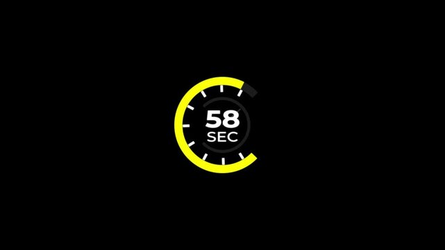 58 Min clock icon animation.Analog clock timer 58 sec countdown icon with circle loop animation on black background and alpha channel motion graphic.