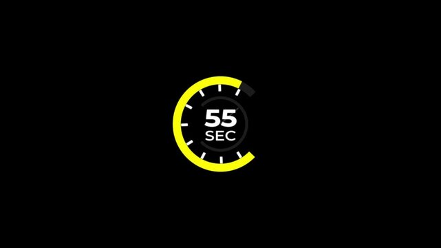55 Min clock icon animation.Analog clock timer 55 sec countdown icon with circle loop animation on black background and alpha channel motion graphic.