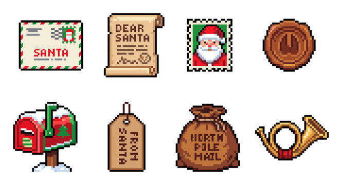 Christmas mail pixel art icons sending wishes