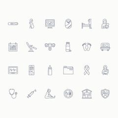 Fototapeta premium Pregnancy and maternity line icons, 24 medical gynecology vector elements, prenatal care and newborn baby health symbols for clinic apps