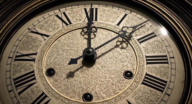 Close up of antique golden clock face with Roman numerals and moving hands

