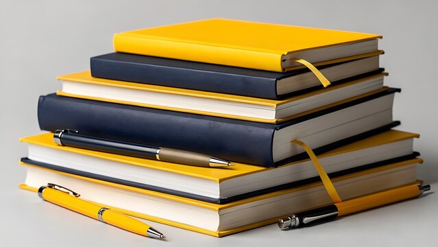 A stack of yellow and blue notebooks with matching pens on a neutral background.