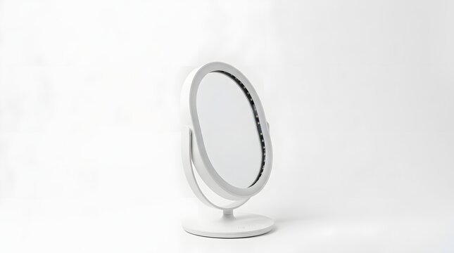 White oval vanity mirror with stand on plain surface