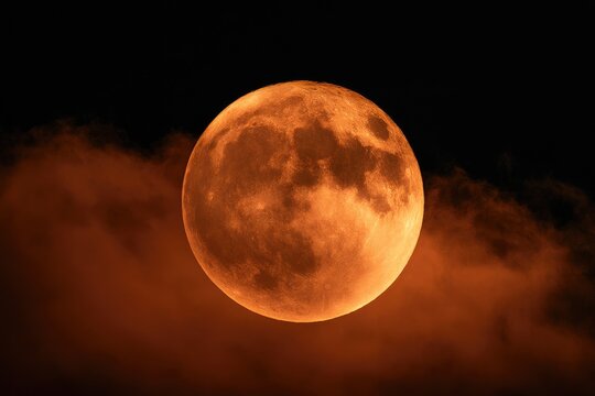 Fiery full moon glows, obscured by wisps of dark, dramatic clouds