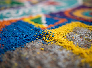 Fototapeta premium Vibrant colored sand powders arranged in traditional Rangoli decorative pattern design