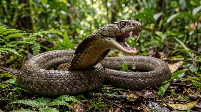 Dangerous Venomous Snake Coiled in Jungle Forest with Open Mouth and Sharp Fangs
