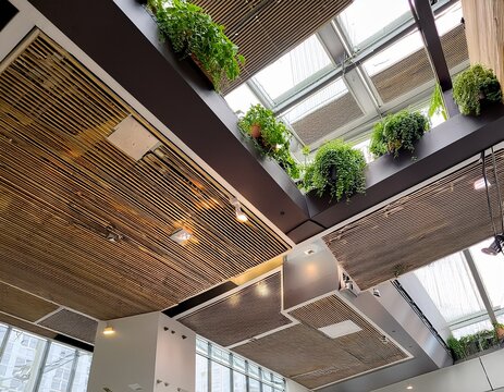 modern office ceiling design with suspended planter boxes geometric panels natural light and green plants for fresh inviting atmosphere