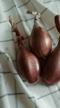 Whole echalion banana shallots with dry, papery peel rests tied together on a white grid-patterned kitchen linen. For cooking shows, culinary blogs, recipe tutorials, organic farming promotions.