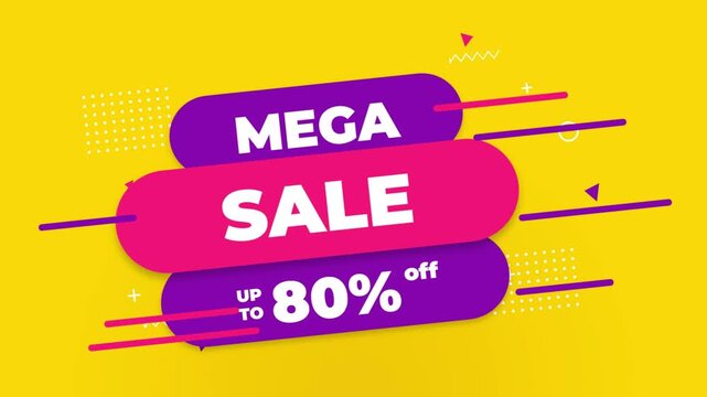 Mega Sale Up To 80 Percent Off Pink and Purple Pill Shape Memphis Style Yellow Background Animated Promo Tag