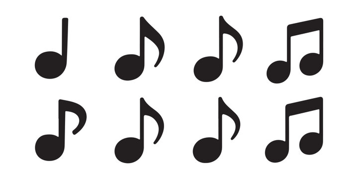 Set of eight black quarter and eighth music notes isolated on a transparent background for art.
