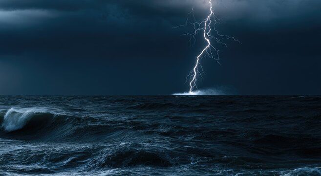 Violent storm unleashes intense lightning strike over turbulent ocean waves