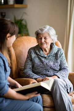 An elderly person sitting comfortably in a well-lit living room armchair, while a caregiver sits nearby, reading a book aloud or sharing a conversation.