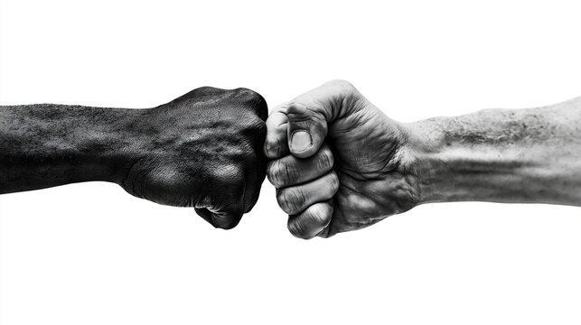 A close up, black and white photograph of two hands executing a fist bump.