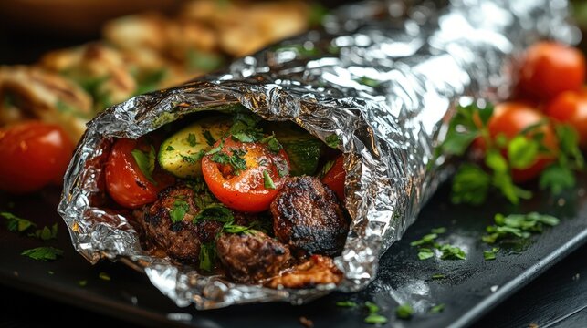 Grilled meat skewers wrapped in shiny aluminum foil featuring roasted tomatoes and green zucchini slices captured in a close up studio shot with soft warm lighting