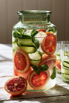 A large glass dispenser or pitcher filled with ice-cold water infused with slices of fresh blood orange, cucumber ribbons, and fresh mint leaves.