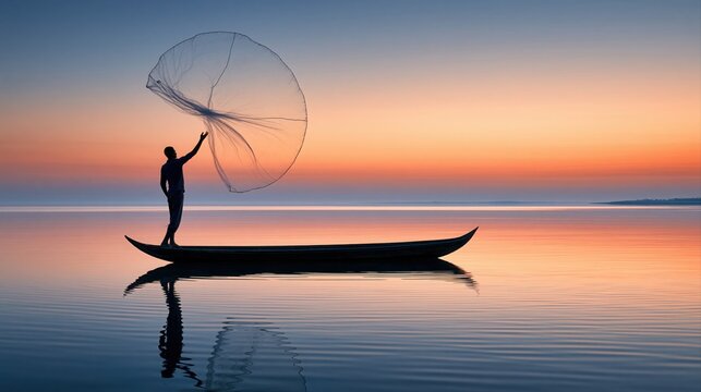 A fisherman in silhouette is captured mid action, casting a large circular net from a small boat on a still lake during sunset.