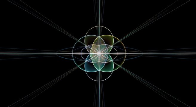 Intersecting geometric shapes and radiating lines create a symmetrical, abstract pattern