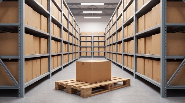 Clean modern warehouse interior with cardboard boxes on metal shelves