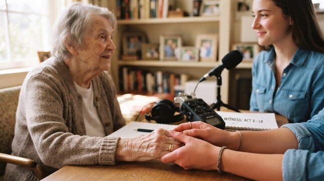 A young woman gently holds the hand of an elderly lady, both engaged in a warm conversation.