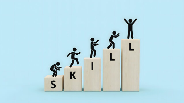 People climbing wooden steps forming the word skill for personal growth