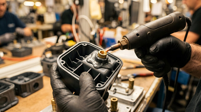 Assembly technician wearing protective gloves using a thermal heat staking tool to insert a brass threaded insert into a plastic housing.
