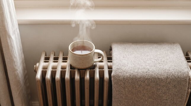 A steaming cup sits on an old radiator, sending up wisps of steam. A soft, textured blanket lies close by, inviting warmth and comfort in the chilly room.