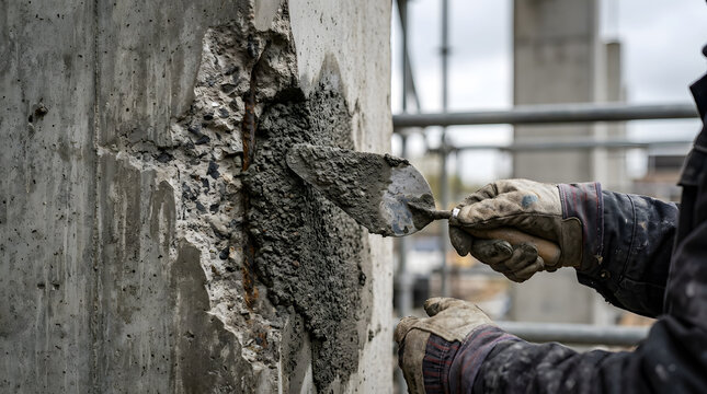 Construction worker wearing heavy leather gloves using a trowel to apply repair mortar over spalled damaged concrete on a column.