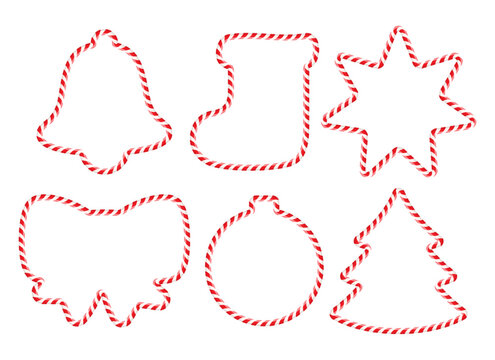 Candy cane frames set, christmas candies borders collection &mdash; bell, sock, star, bow, ball and tree forms.