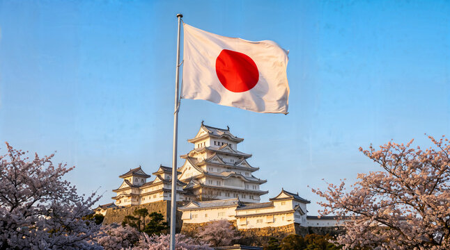 Japanese flag waving in front of Himeji Castle during cherry blossom season