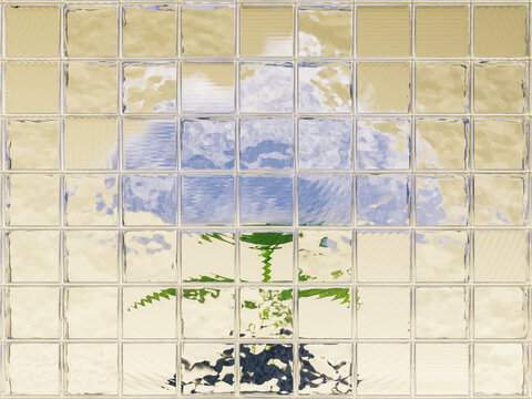 Distorted sprouting plant with cloud for head behind reeded glass 3d render. 