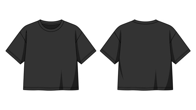Black boxy t-shirt flat technical drawing illustration front and back view wide sleeve blank streetwear mock-up template for design and tech packs men or unisex