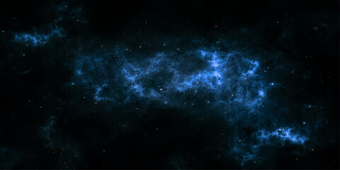 A vast expanse of deep space, illuminated by ethereal blue nebulae and scattered stardust, evokes a sense of cosmic wonder and infinite possibility. © MAHIN