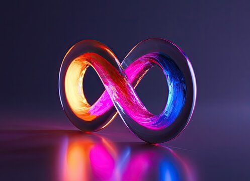 Glowing infinity symbol with colorful swirls against a dark, reflective surface