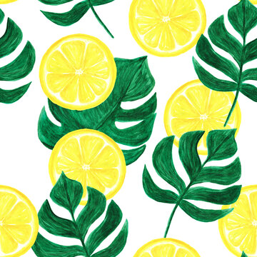 Watercolor seamless pattern of hand-drawn lemons and monstera plant leaves on white background.