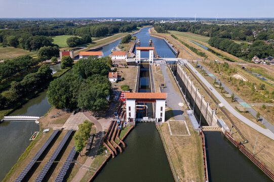 Aerial of sluice gate between river IJssel and Twentekanaal in Dutch landscape