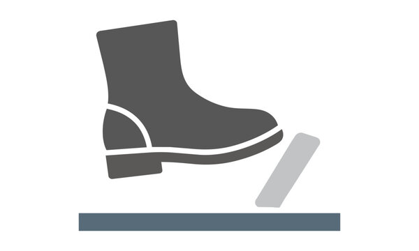Minimalist icon of a foot in a boot pressing down on a car accelerator pedal with clean monoline shapes isolated on white. Automotive driving concept