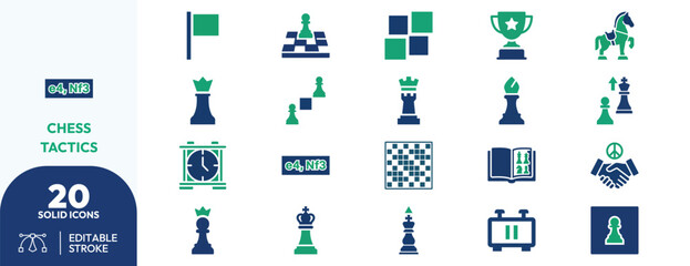 Chess tactics set. king, queen, rook, bishop, knight, pawn, flag, clock, trophy, book, handshake, horse, chessboard. Editable stroke. Vector illustration. © khopidd232