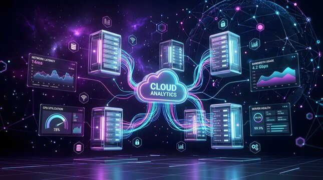 Cloud computing data center with global network analytics dashboard. Futuristic server monitoring hub displaying real-time performance metrics.