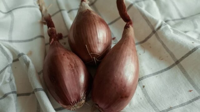 Whole echalion banana shallots with dry, papery peel rests tied together on a white grid-patterned kitchen linen. For cooking shows, culinary blogs, recipe tutorials, organic farming promotions.