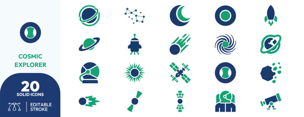 Cosmic Explorer set. planets, rockets, telescopes, astronauts, constellations, spiral galaxies, comets, meteorites, nebulae, space stations. Editable stroke. Vector illustration. © khopidd232