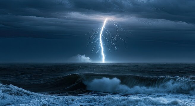 Vivid lightning strike illuminates dark, stormy ocean waves under a dramatic sky