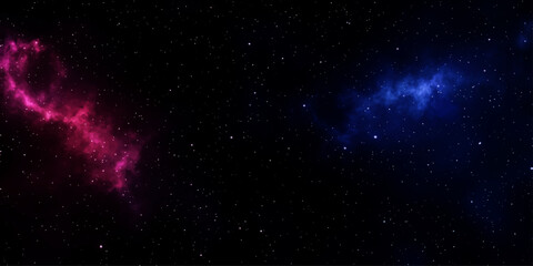 Fototapeta premium Nebula in deep space, two cosmic clouds, one pink and one blue, illuminated against a backdrop of countless stars.
