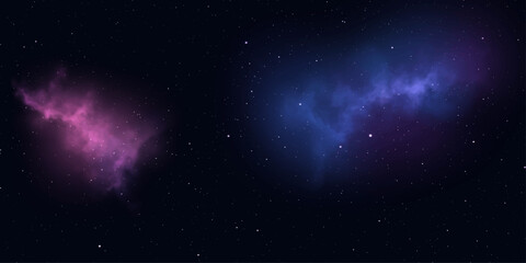 Two vibrant nebulae, one in a striking pink and the other in a deep blue hue, illuminate the vast, star-studded darkness of outer space, creating a mesmerizing celestial display. © MAHIN