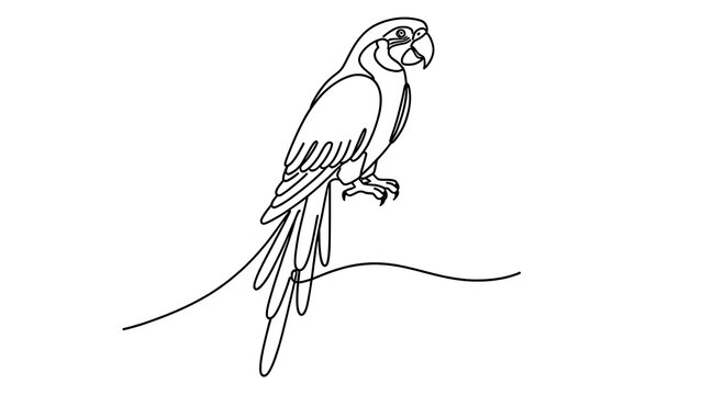 Minimalist parrot line art on white background.