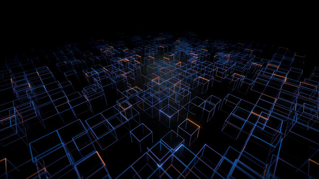 High angle view of expansive digital data network grid with glowing nodes technology connection abstract infrastructure information computing geometric structure communication background
