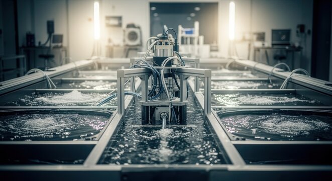 Wave energy dynamometer cell setup immersed partially in water simulation tanks to replicate environmental conditions affecting powertakeoff systems.