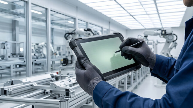 Factory Worker Using Rugged Tablet and Stylus in Automated Automotive Production Plant